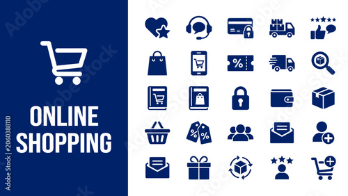 Online shopping concept with various ecommerce related icons and symbols