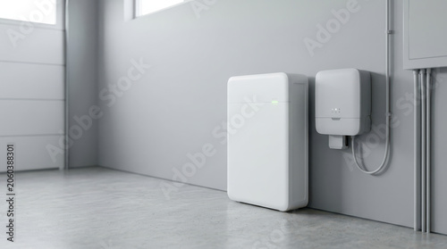 Home battery storage unit and inverter mounted on gray wall in modern room with concrete floor, clean energy solution