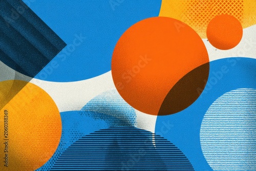 Vibrant abstract composition featuring overlapping orange and blue circles with textured patterns and gradients creating a dynamic modern art visual effect