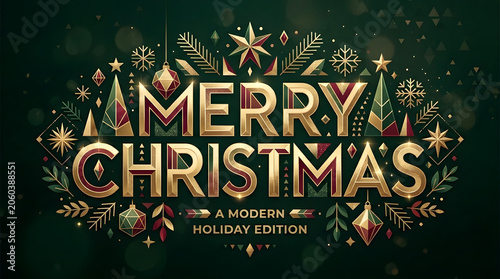 Merry Christmas modern holiday greeting card with gold text and decorations transparent background