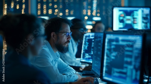 Professional Team Engaged in Compliance Audit Review in Modern Office with Cityscape Background at Night