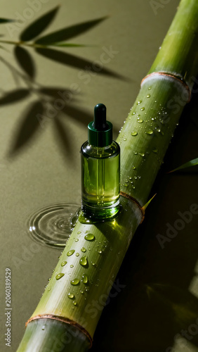 Bamboo and green glass dropper bottle with liquid on wet bamboo stick with water droplets and leaf shadows in background for natural skincare product advertising and promotion
