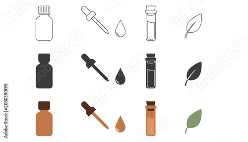 Essential oil preparation elements featuring dropper bottle, pipette with drop, vial, and leaf in outline, silhouette, and color.