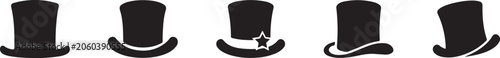 Collection of various black top hats with different brim styles  isolated on white