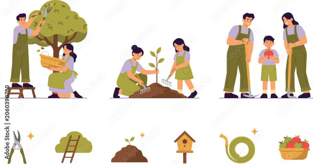 Fototapeta premium Family Orchard Gardening and Harvesting Vector Set with People Picking Apples, Raking Soil, Planting Saplings, and Backyard Fruit Farming Icons