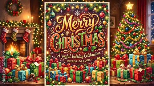 Merry Christmas joyful holiday celebration with presents and decorations transparent background