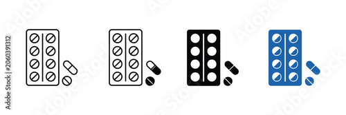 Foto Medical blister pack icons featuring pharmaceutical tablets and capsules in linear glyph and flat color styles for healthcare, pharmacy, and medication design