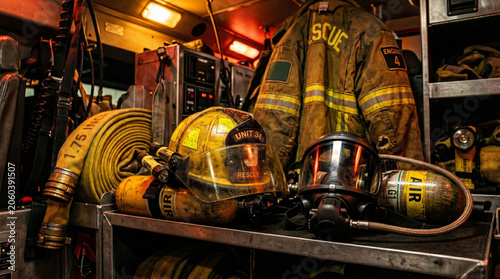 Fotografía Firefighter equipment including helmet, oxygen mask, and turnout gear inside a f