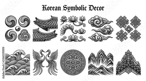 Set of traditional Korean symbolic decorative elements, vector illustration in engraving style featuring clouds, waves, cranes, lotus flowers, and architecture motifs