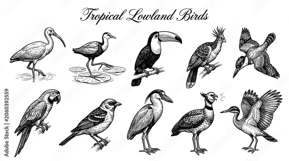 Obraz premium Tropical Lowland Birds Set: Toucan, Macaw, Ibis, Heron, and Other Exotic Species in Hand Drawn Woodcut Style Vector Illustration