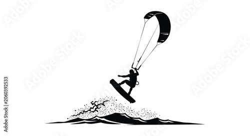 Foto Kitesurfer On Water With Splashes Black Silhouette