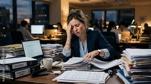 Overwhelmed businesswoman stressed at desk in office late at night