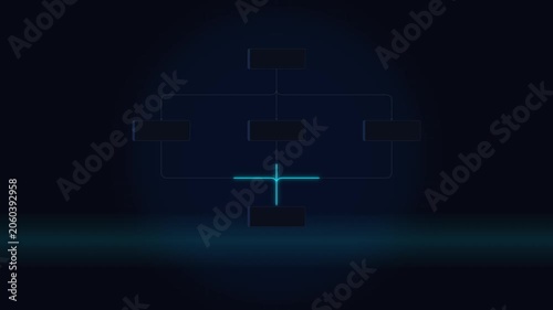 Digital organizational chart animation with glowing blue connection nodes and data flow