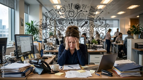 Overwhelmed businesswoman with messy thoughts and stress in a busy office
