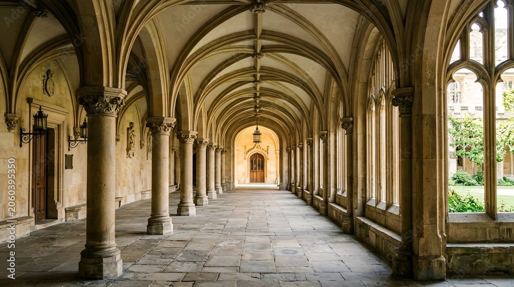 Obraz premium Grand Gothic Arched Cloister Walkway with Stone Pillars and Sunlight