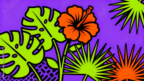 Vibrant tropical floral pattern with monstera leaves, hibiscus flowers, and palm fronds on purple background with black outlines and bold colors for design and decoration purposes.