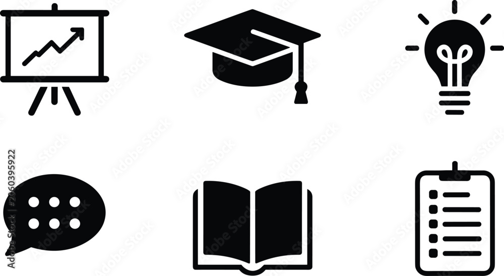 Fototapeta premium Teaching resources icons pack with whiteboard mortarboard thinking bulb speech bubble open book and task list.