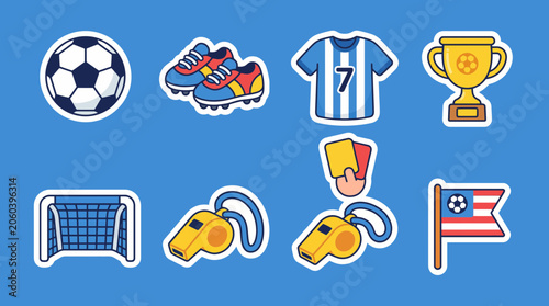Foto Colorful set of soccer vector stickers featuring balls jerseys cleats trophies w