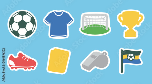 Konstfotografi Detailed set of colorful soccer themed vector graphic stickers featuring various