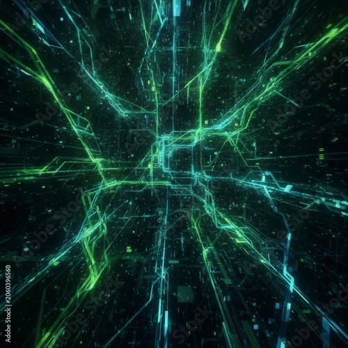 Futuristic Digital Network with Green and Blue Neon Lines in a Dark Space