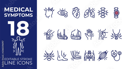 Bild auf Leinwand Medical pain and injury line icon set with headache heart issue lung problem bac