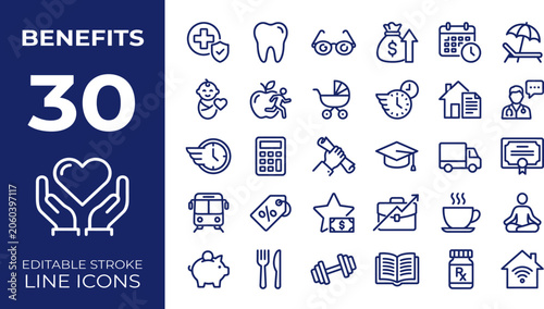 Foto Employee benefits icon set featuring healthcare coverage, retirement planning, dental care, vacation perks, corporate rewards, maternity leave, and workplace wellness symbols