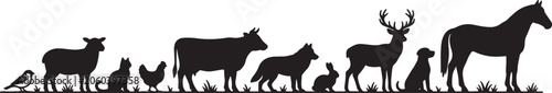 Fotografija Silhouettes of various animals, including dog, cat, cow, horse, deer, and wolf,