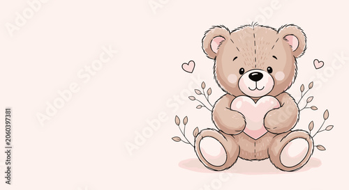 Adorable illustration of a fluffy teddy bear sitting and holding a soft pink heart with delicate branches and hearts in the background.