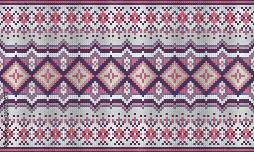 Seamless cross-stitch pattern in Native Indian style, in fuchsia pink with purple border.