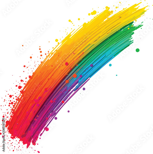 Photos Curved rainbow brushstroke with vivid paint splatters symbolizing creativity div