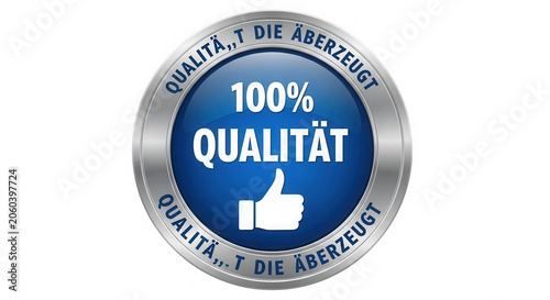 Blue glossy quality badge with silver metallic border and thumbs up icon isolated on transparent background