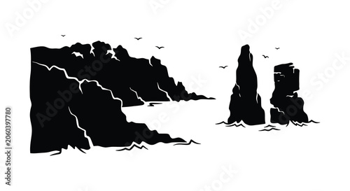 Fotografía Coastal cliffs and rock formations with birds black and white silhouette coastli