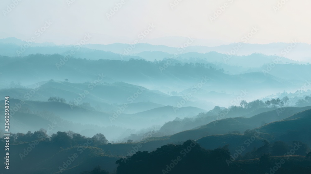Naklejka premium Misty blue mountain range at sunrise. Layered hills covered in morning fog. Scenic landscape view of valley and forest. Calm nature atmosphere for travel background and meditation.