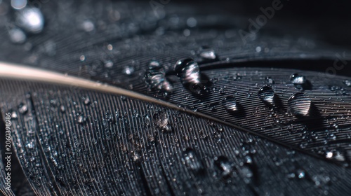 Black feather with transparent water drops. Macro photography of wet bird plumage pattern. Abstract natural texture of wildlife, purity, freshness and organic detail concept.