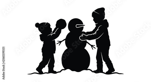 Tablou pe pânză Children Building A Snowman With Branches Black Silhouette kids child snow figur
