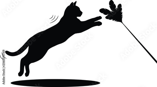 Photography Black silhouette of a cat jumping to play with a feathered toy on a stick silhou