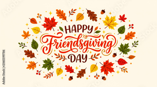 Happy Friendsgiving Day festive greeting card with autumn leaves, acorns, and berries on light background.