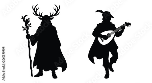 Tableau sur toile Two figures with antlers and lute depicted as a black silhouette antlered figure