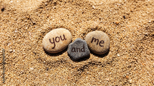 You and me text written on smooth sea stones placed on textured sand beach.