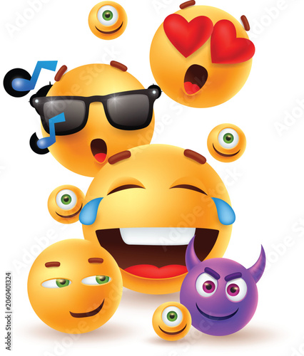 Group of Cute 3D Yellow Emoji Faces Floating with Laughing Tear Sunglasses Music Love Heart Eyes and Purple Devil Vector Illustration