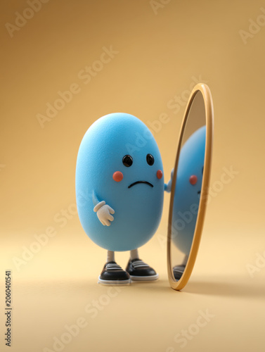 Blue oval character with a sad expression looking at its reflection in a standing mirror on a yellow background conveying self-reflection and emotion