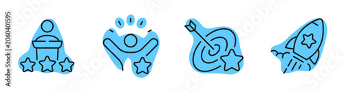 Achievement icons depicting recognition and goal progress on white. Editable stroke