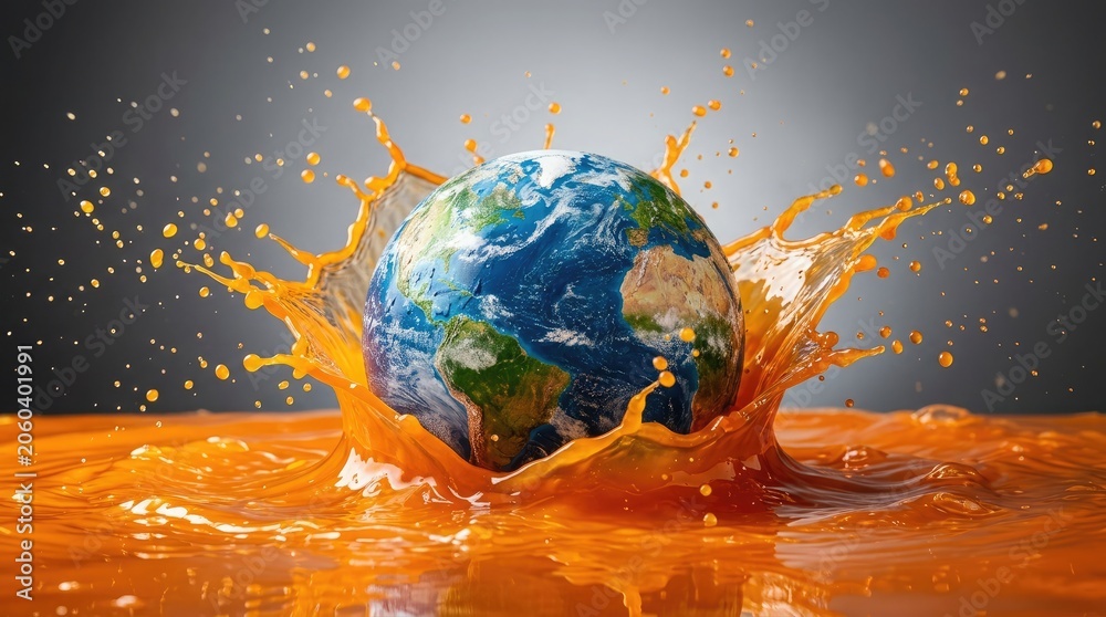 Naklejka premium Earth impact globe submerged in orange liquid splash environmental concept