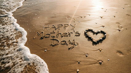 Happy Mother's Day message written in the wet beach sand with a heart shape made of stones