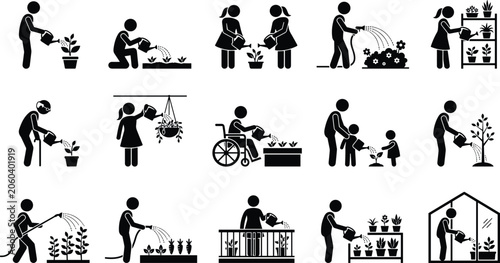 Diverse people gardening and tending plants in various styles