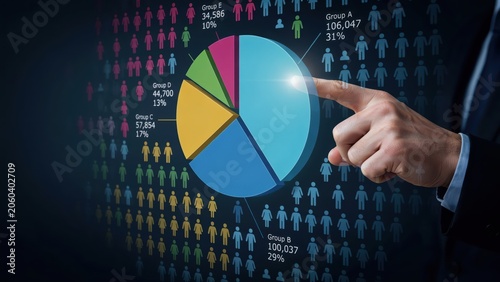 Businessman hand touching a colorful digital pie chart on a dark tech background
