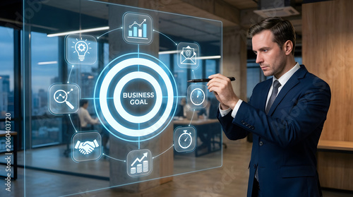 Businessman interacting with virtual dashboard, futuristic interface, digital screen, office background isolated on Transparent Background