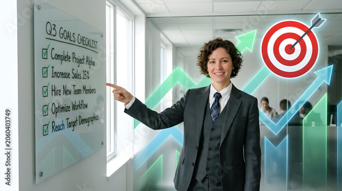Businessman pointing at goals, target and growth charts in office isolated on Transparent Background