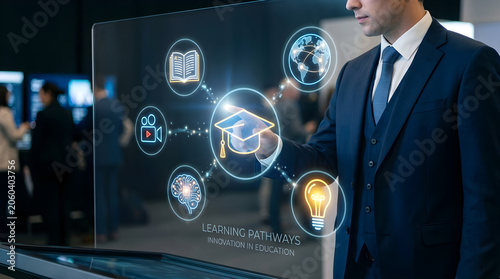 Businessman interacting with futuristic education interface, e-learning technology, digital innovation, smart learning solutions isolated on Transparent Background