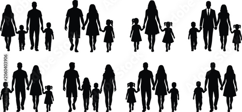 Tableau sur toile Silhouette set of diverse families holding hands and walking together on white b